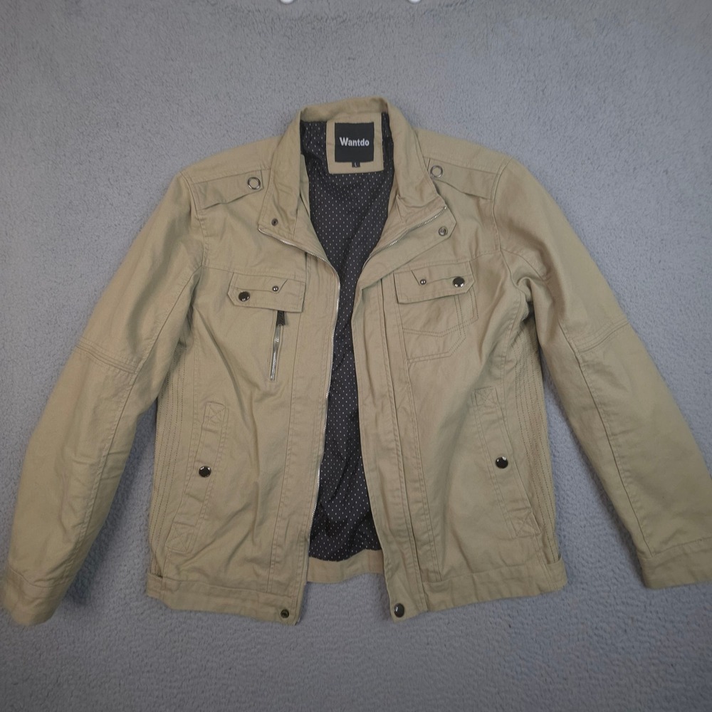 Wantdo‎ Mens Large Military Field PU Jacket Brown Tan Denim Cotton DEFECT